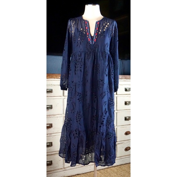 Johnny Was Very Navy Blue Eyelet Embroidered Maxi Dress NWT New XS
